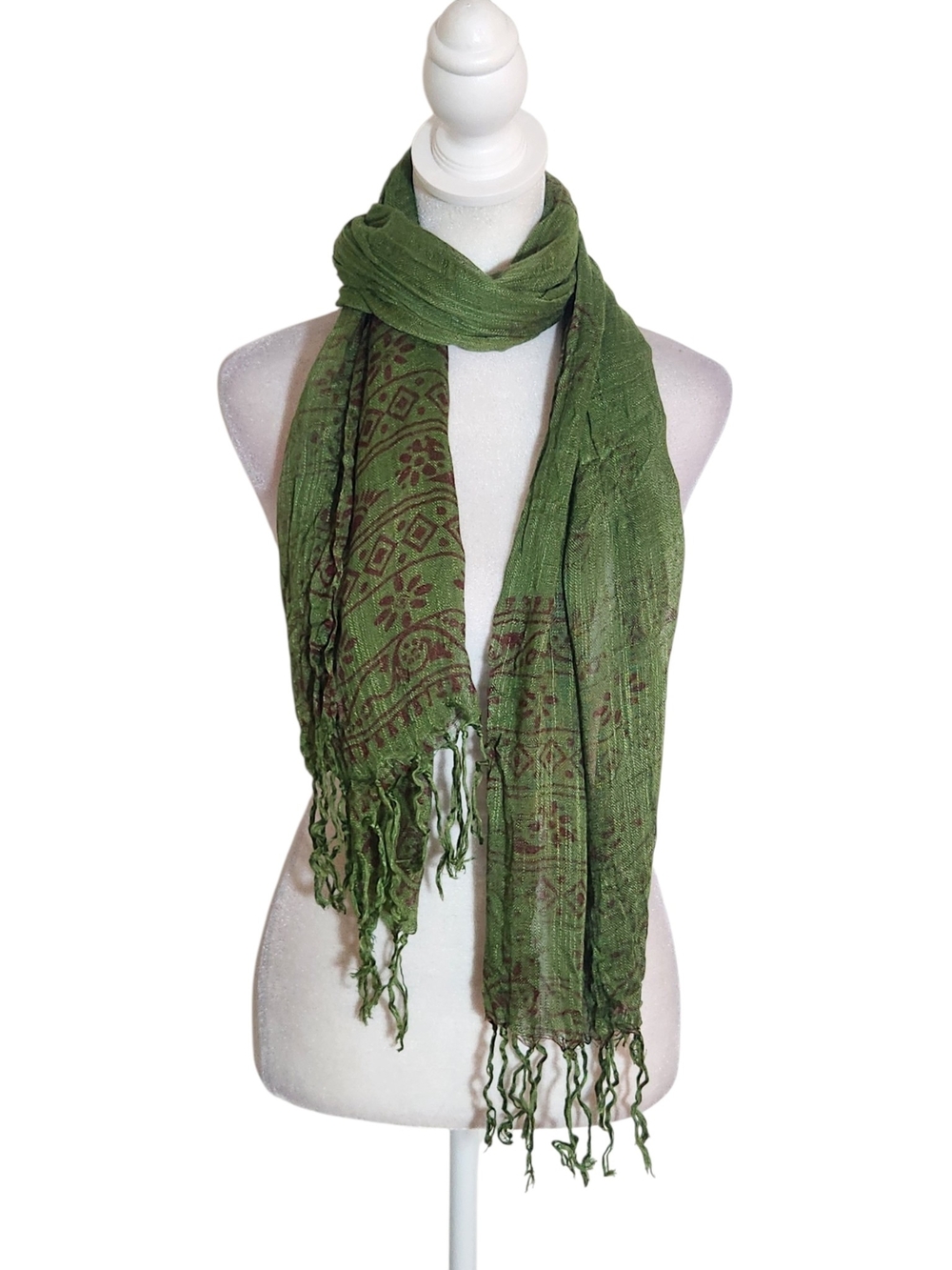 Fresh Brewed Green and Burgundy Boho Woven Scarf with Fringe Trim One Size